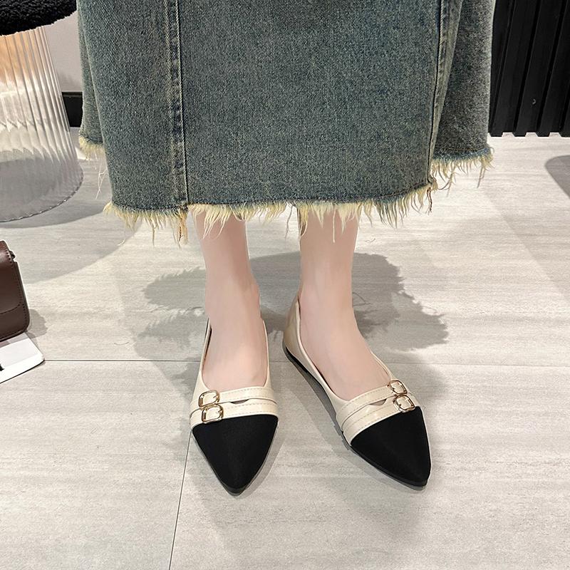 Fashion 2024 Spring and Autumn Fashionable Buckle Design Shallow Mouth Low-top Shoes Pointed Toe Elegant Women's Metal Decorated Shoes