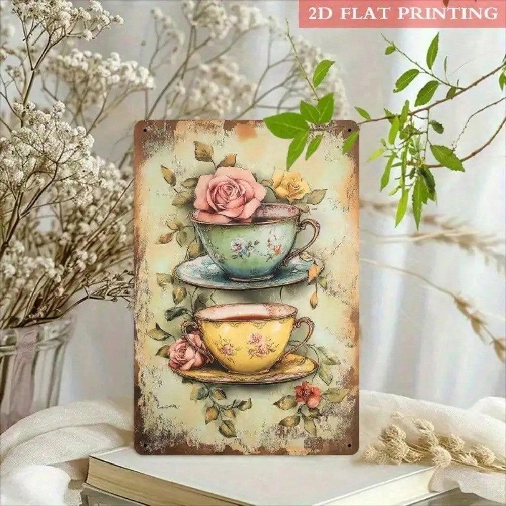 Vintage Metal Teacup Wall Art, Rustic Floral Farmhouse Plaque for Kitchen Bathroom Home Decor