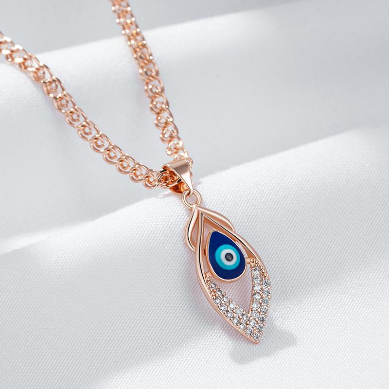 Fashion  Rose Gold Color Blue Enamel Pendant Necklace For Women Girl Wedding Party Natural Zircon Retro Jewelry