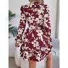 QICED Autumn and Winter Casual Flower Long-sleeved Black Ear-trimmed A-line Dress Women's Clothing