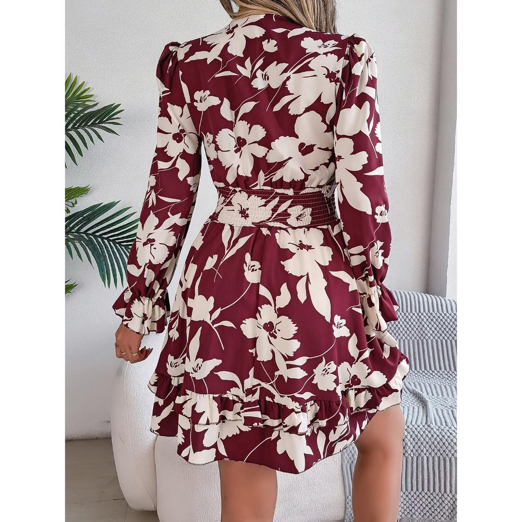 QICED Autumn and Winter Casual Flower Long-sleeved Black Ear-trimmed A-line Dress Women's Clothing