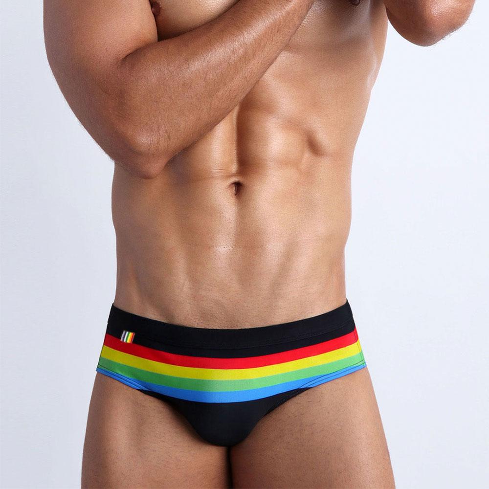 Men Swim Briefs Color Low Waist Tight Fit Sexy Swimwear Beach Wear Tanning Surfing Pride Strips