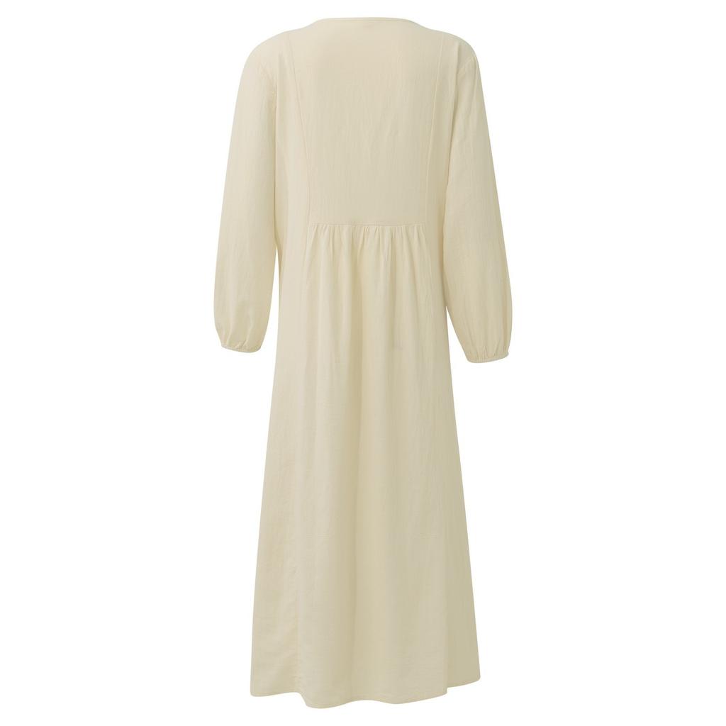 Women's Summer And Fashion V-neck Cotton Linen Loose Sleeves Long Sleeve Dress