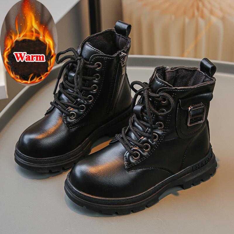Autumn Winter Children Leather Boots Girls Silver High-top Boots Princess Side Buckle Design Leather Shoes Kids Warm Cotton Boot