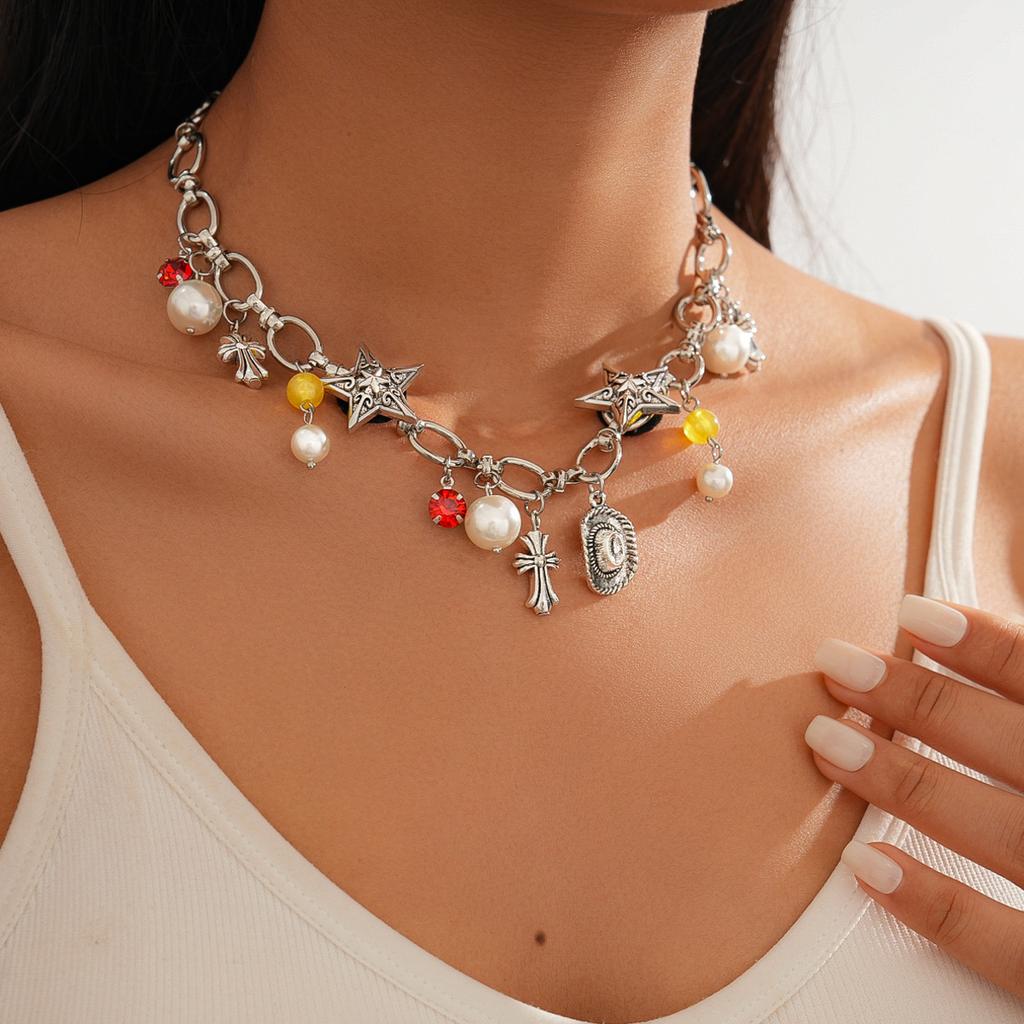 Diamond imitation pearl cross star chain sweater chain old sexy necklace