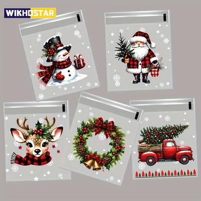 50/100 pçs Sacos de Embalagem para Presentes de Natal com Estampa de Floco de Neve, Papai Noel, Rena e Azevinho Sacos de Embalagem Auto-Adesivos