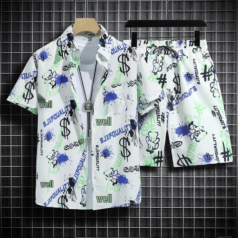 Herren Retro Blumen Kurzarm Hemd Set - Hainan Strandmode, Sanya & Hawaii Stil