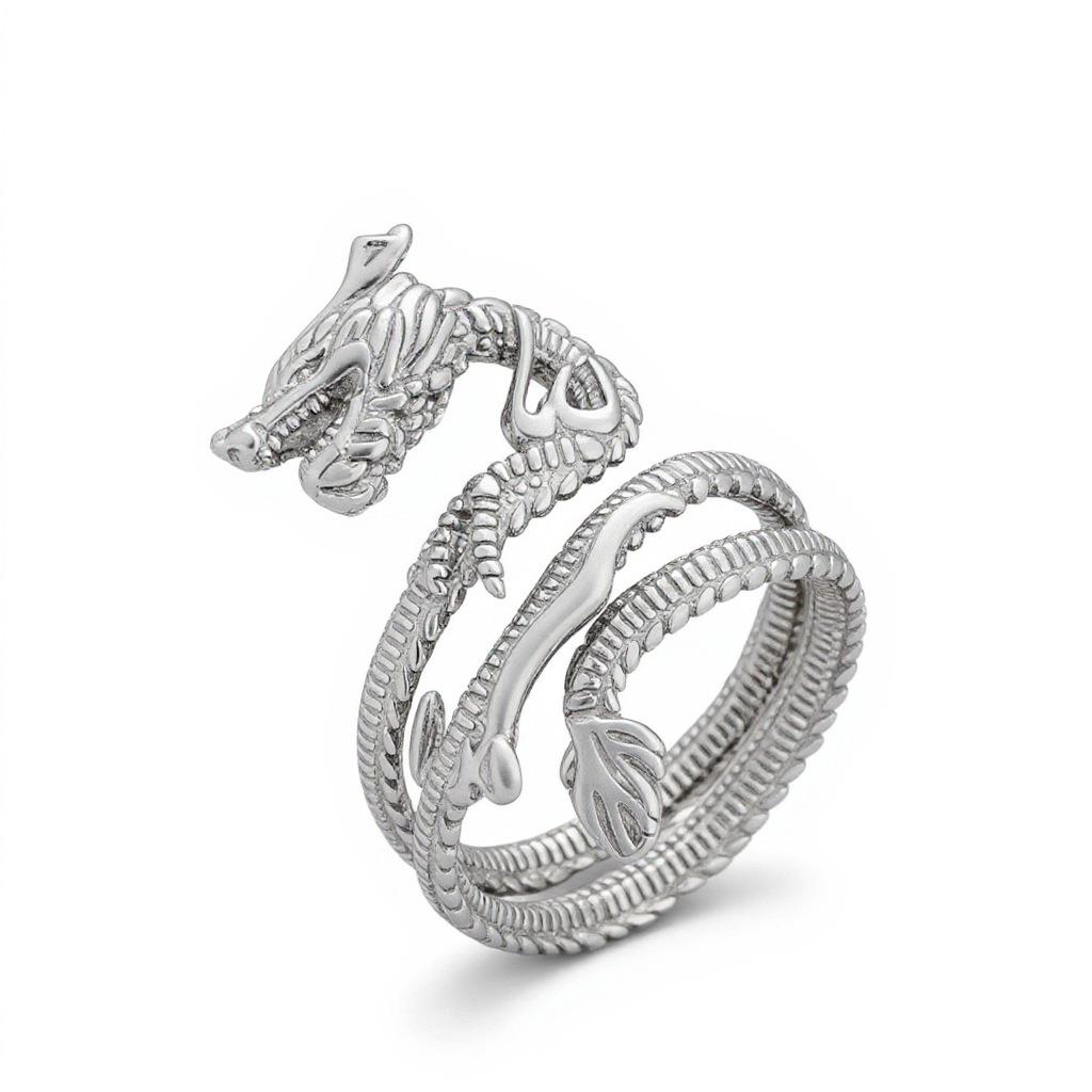 

Retro Ethnic Style Domineering Dragon Ring for Men and Women with Open Opening and Adjustable Ring one size(US size 6-13) срібний