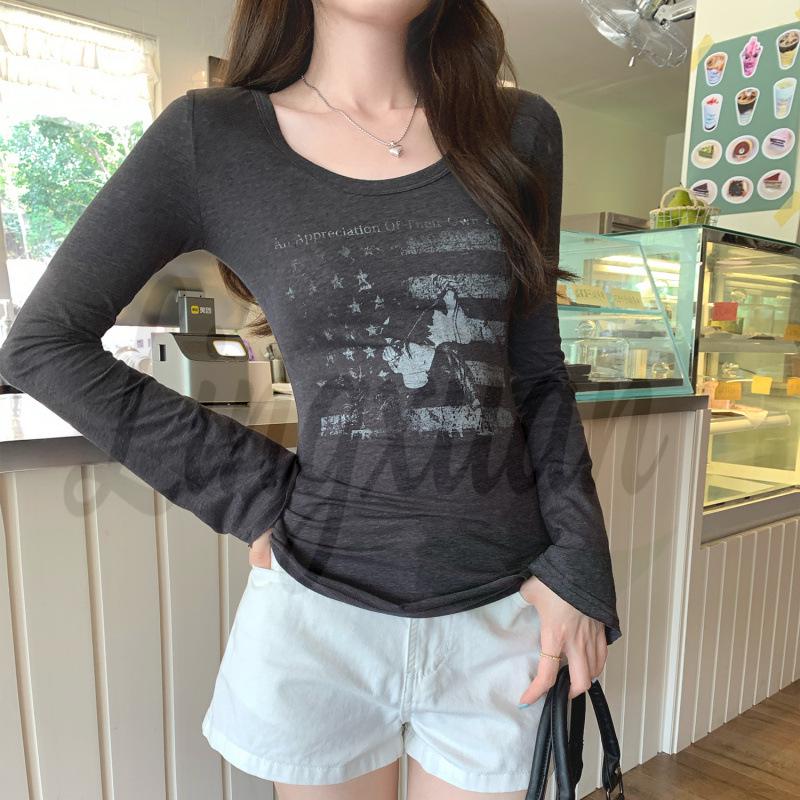 American Retro Square Neck Long Sleeve T-shirt - Women s Slim Fit Cropped Top for Autumn XL темно-серого