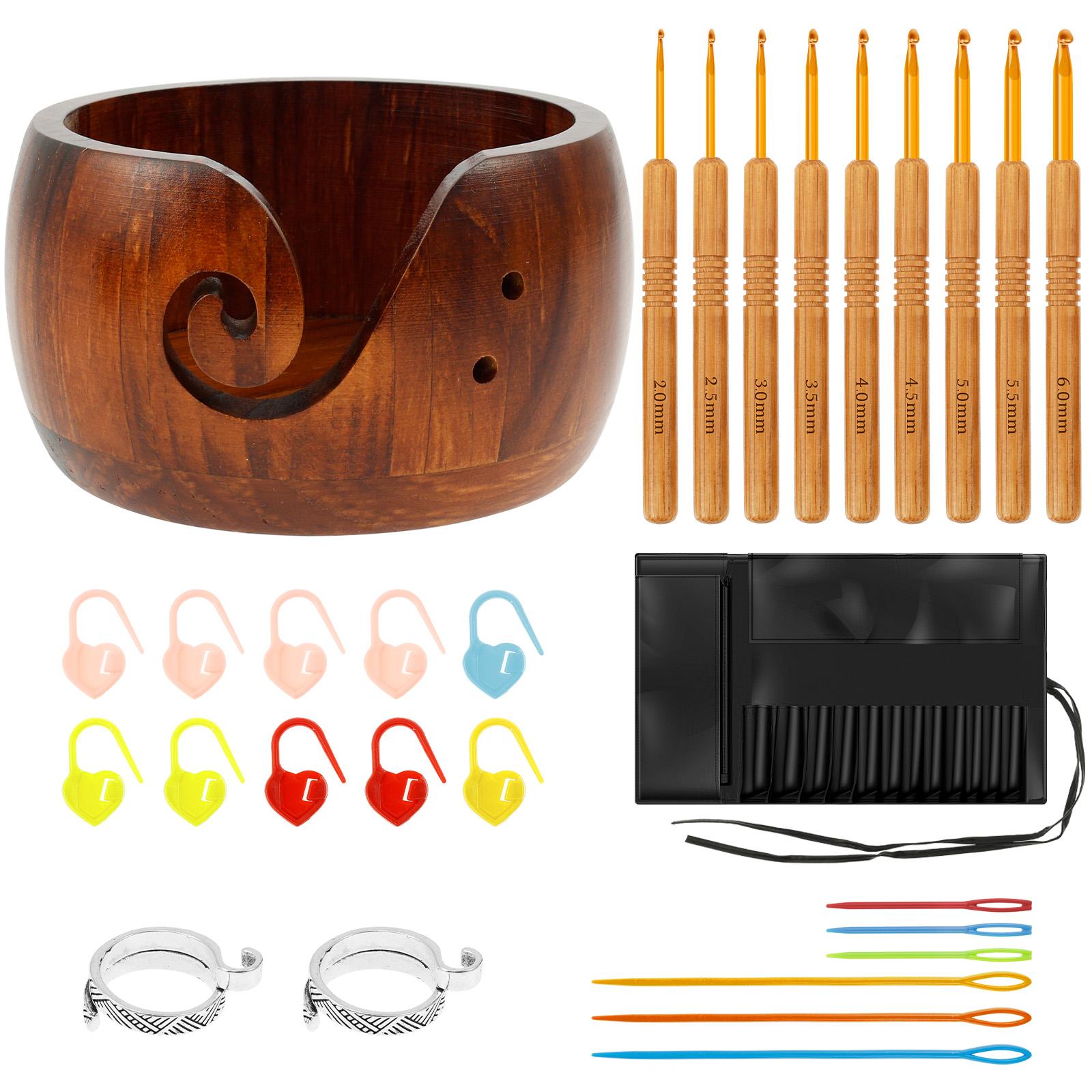 

Yarn Bowl Holder with 9Pcs Crochet Hooks Wood Crochet Bowl Yarn Ognanizers Round Knitting Yarn Holder for Knitters Crochet Craft