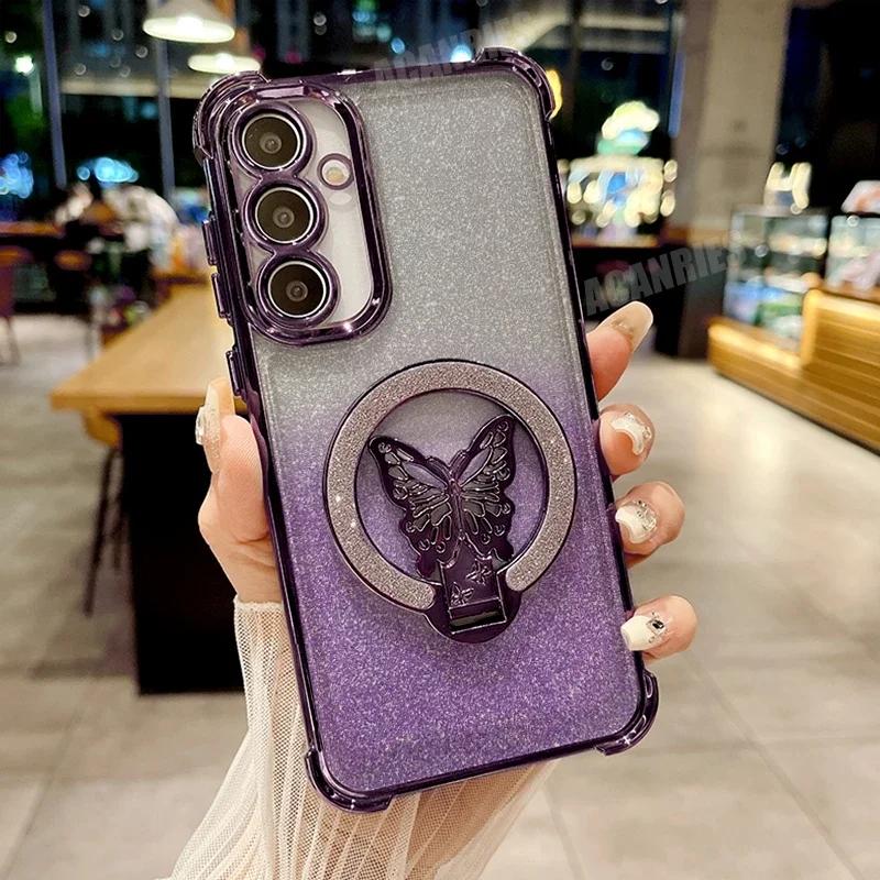 

Plating Butterfly Ring Holder Phone Case for Samsung Galaxy S25 S24 S23 Ultra Plus FE A56 A36 A26 A16 A06 A55 35 25 15 05S Cover For Samsung S25