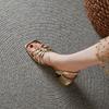 Fashion Summer Women Sandals Concise Square Toe Chunky Heel Women Shoes High Heel Genuine Leather Shoes Golden Weave Sandals for Women