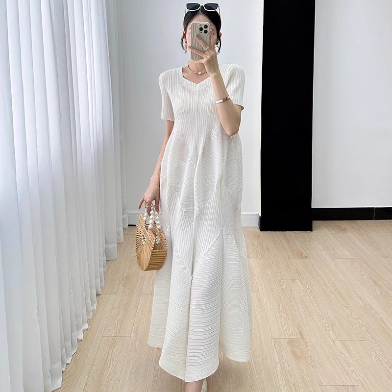 

[Большая Распродажа] Экспорт Свободный Модный Стильный Летний Трендовый Легчайший для Сочетания Драпированное Миди Повседневное Платье Женское Новый Продукт White short sleeve [special Big Sale]] All yards