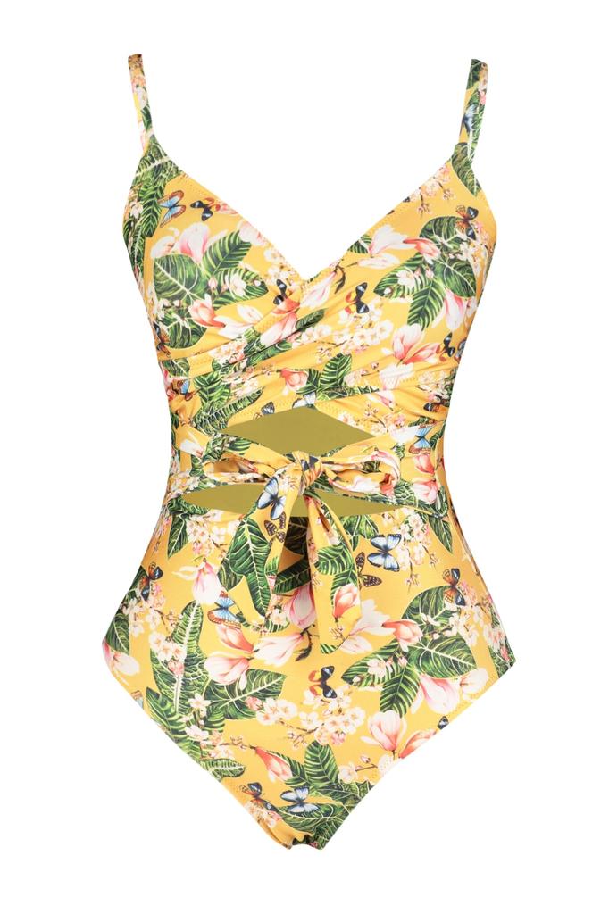 Women's New Season Swimsuit Floral Patterned Double Breasted Tied Normal Leg Swimsuit