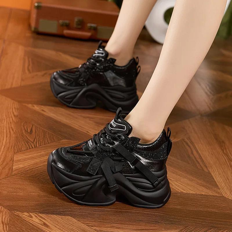 Fashion 9CM High Platforms Women's Vulcanize Shoes New Spring Popular Street Tide Female Dad Shoes Thick Bottom Leather Chunky Sneakers
