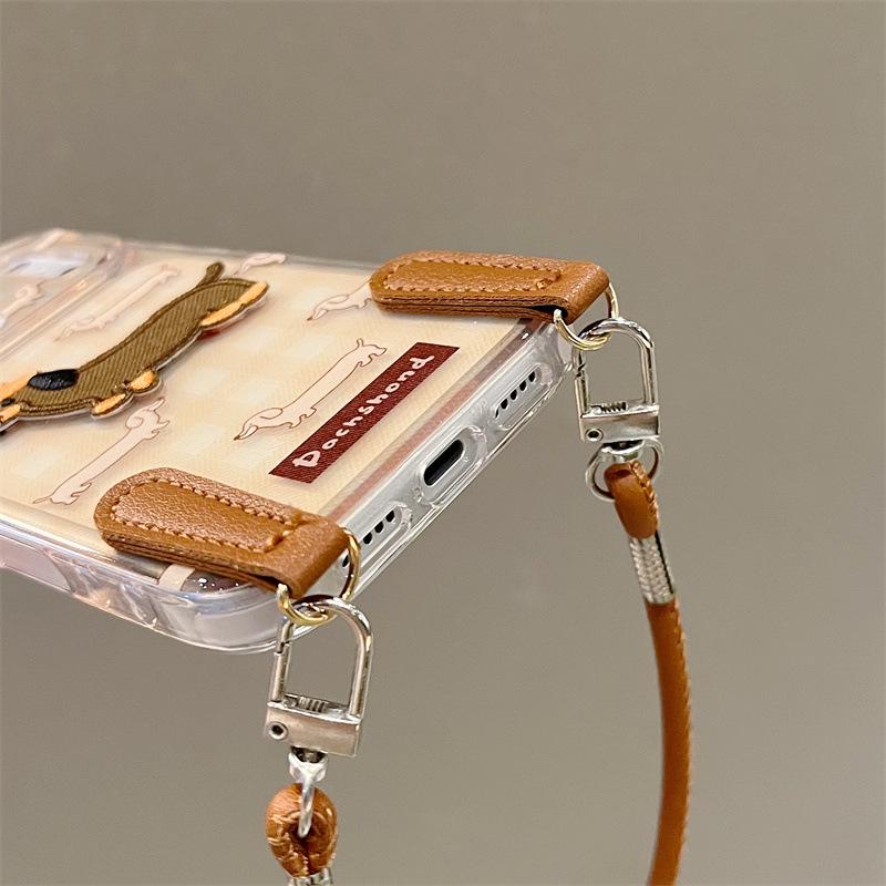 Plaid Embroidered Dachshund Phone Case with Hand Strap for iPhone 17/16 Pro Max/15/14