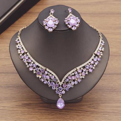 Wunderschöne lila Kristall Brautkleid Halsband Halskette Sets für Frauen Braut Schmuck Sets Ohrringe Dubai Schmuck Sets Mode