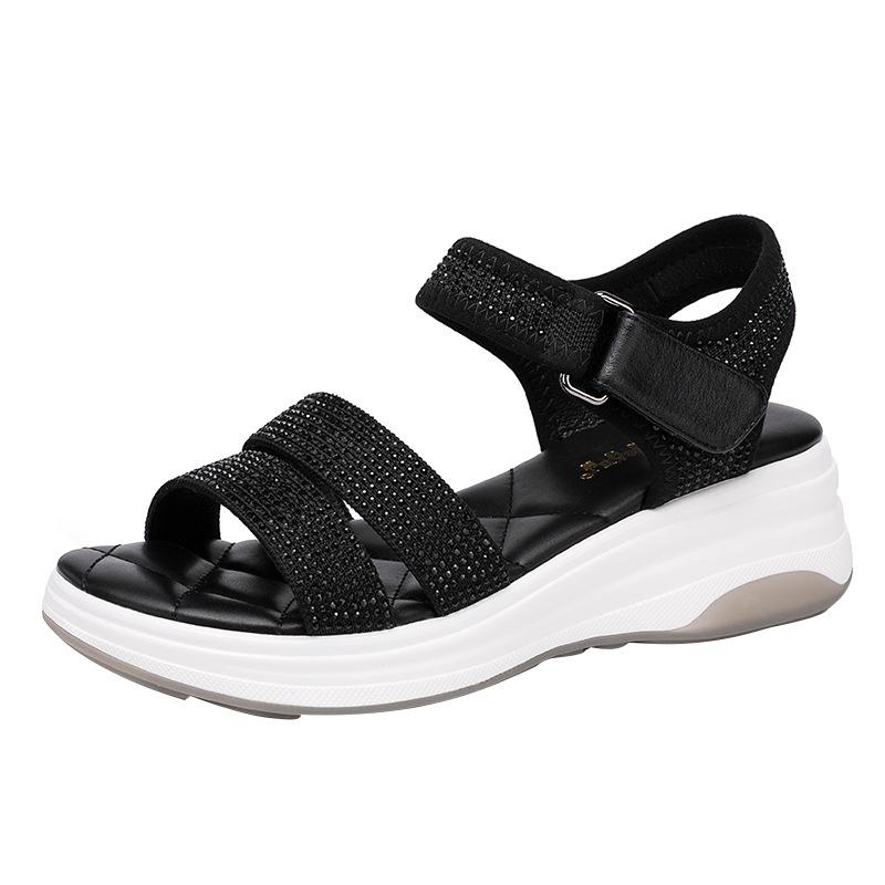 Fashion Summer Women Black Sandals Rhinestone Round Toe Hook Sewing Thread Light Luxury Fashion Water Diamond Sport Causal Shoes