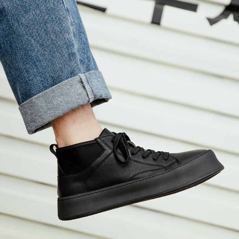 Winter Vintage Black Man Sneakers Leather Men's Skateboard Shoes Comfort Lace-up Men Skate Sneakers Thick Sole Casual Board Shoe