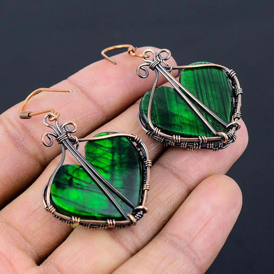 Natural Green Labradorite Gemstone Copper Wire Wrap Gift Earring 2.36 P1f06