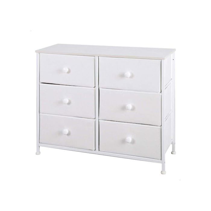 Commode polyvalente 6 tiroirs - AKTIVE - 80x30x62 cm - Blanc - Tiroirs en tissu léger - Structure en acier