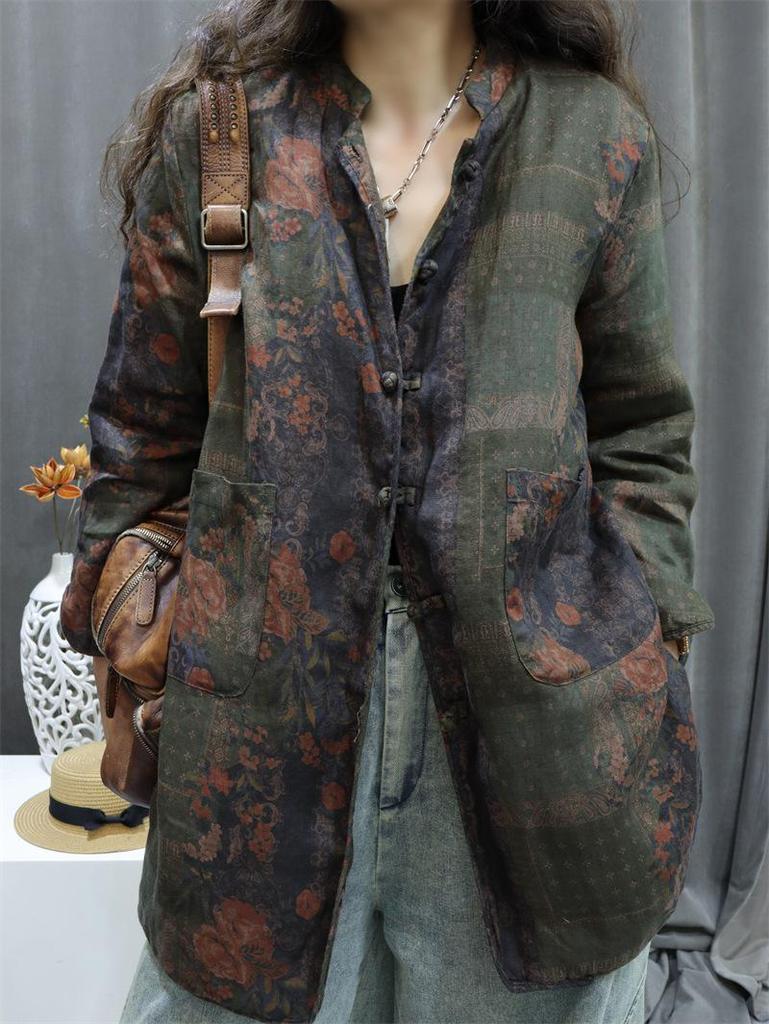 2026 Autumn Retro Print Women's Cotton-Linen Mid-Length Casual Frog Button Jacket