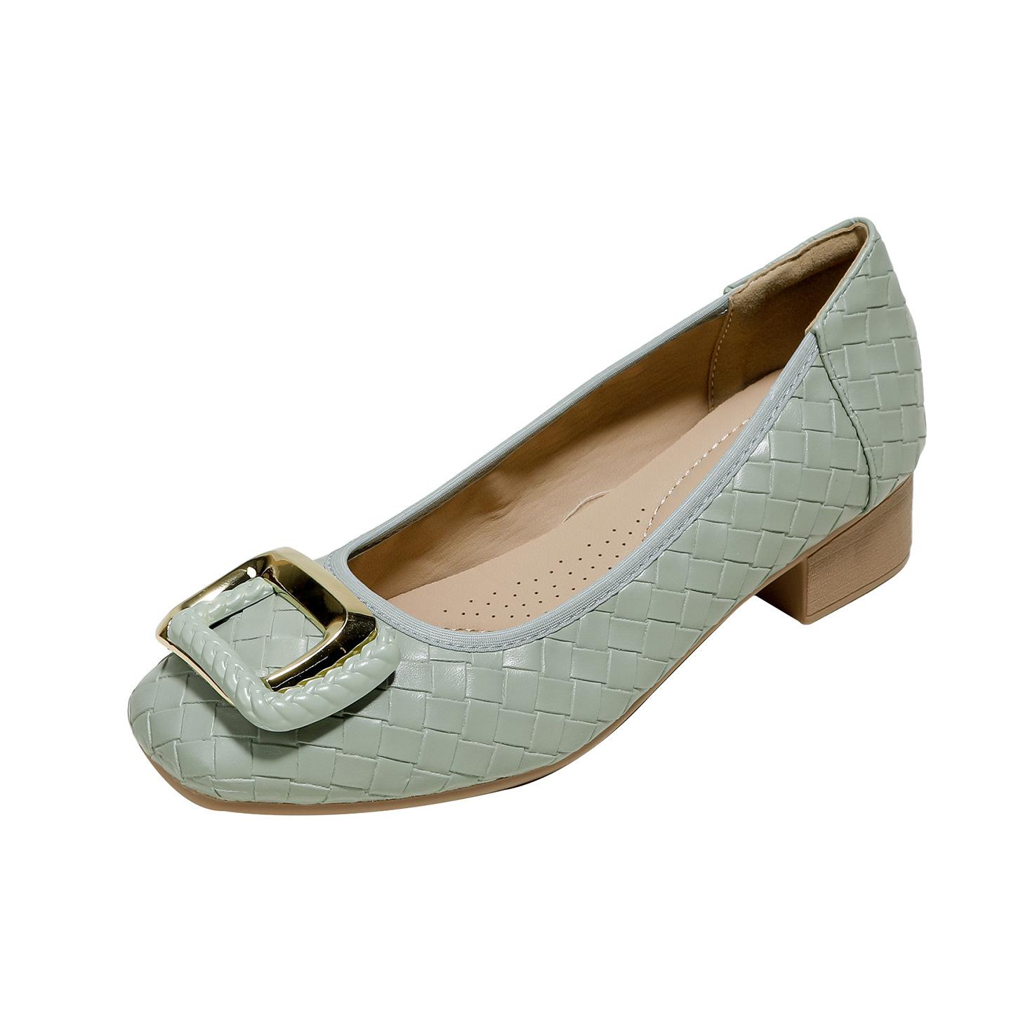 

Leather thick heel low heel single shoes femininity square head versatile fashion woven metal square buckle one pedal soft sole women s shoes 41 зелений