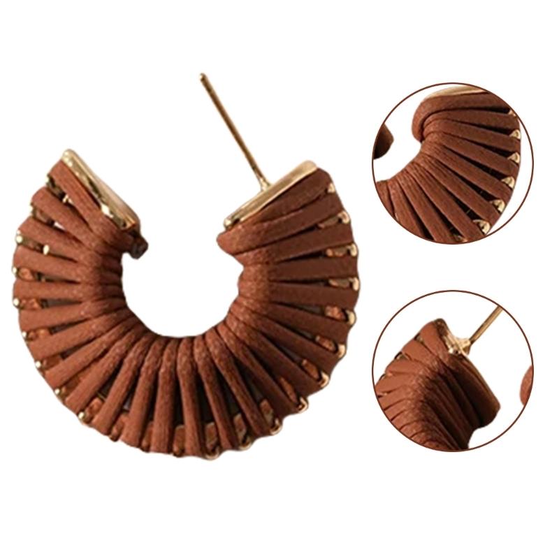 Vintage C Shaped Leather Studs Earrings for Women Comfortable Hoop Ear Accessories Maillard Style Party Jewelry Gift