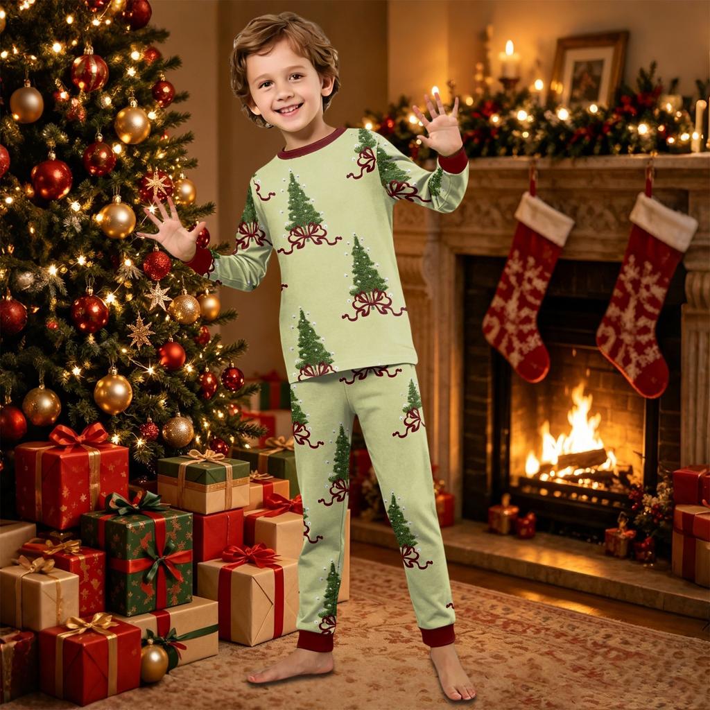 Parent-Child Matching Christmas Print Long Sleeve Neck Loungewear Set with Long Pants