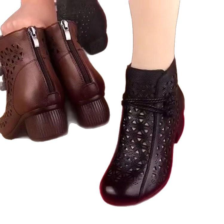 Retro Hollow Hole Hole Summer New Round Head Soft Bottom Casual Cool Boots Versatile Mother Print Breathable Women's Cool Short Boots