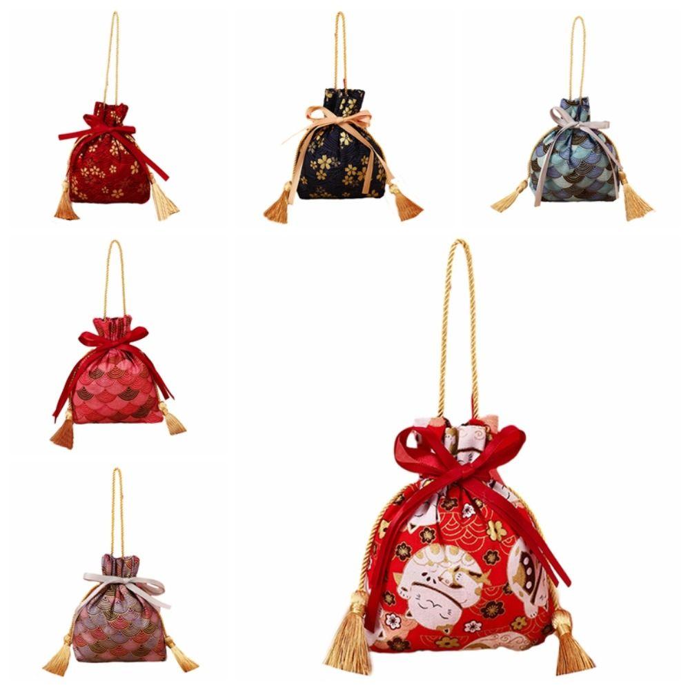Sakura Floral Bowknot Tassel Handbag Lucky Cat Festive Sugar Bag Ribbon Bow Wrist Bag Outdoor