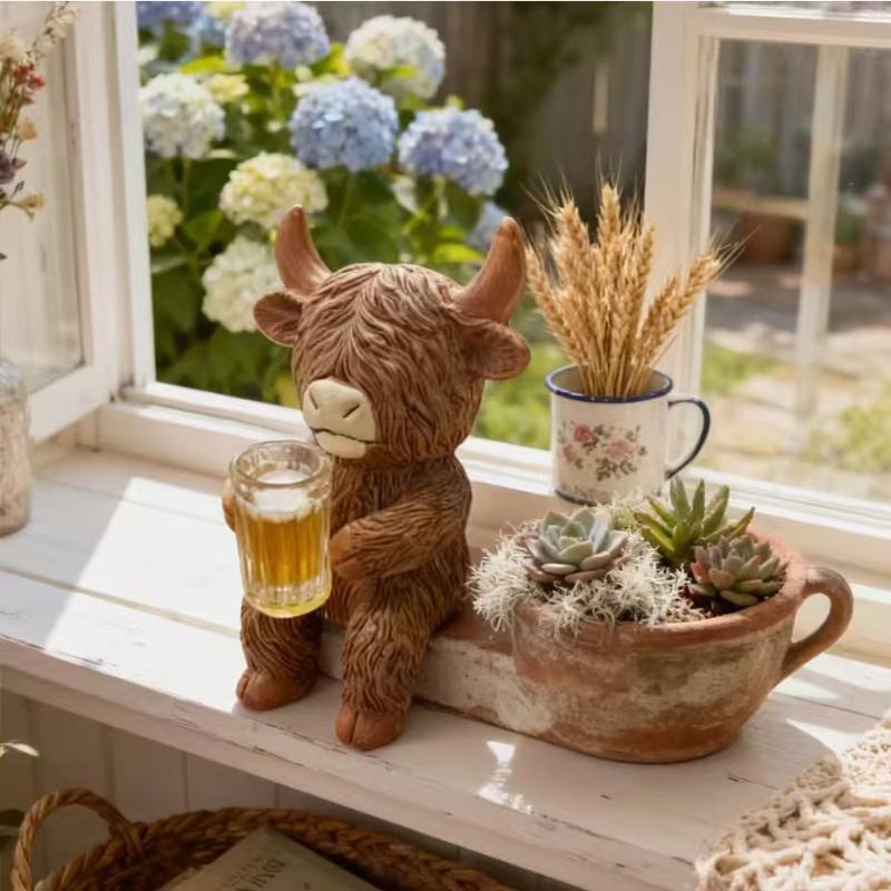 1Pcs Funny Drinking Cattle Resin Weather-resistant Pot Hugger Cow Figurines For Yard Porch Balcony Outdoors Home Farmhouse