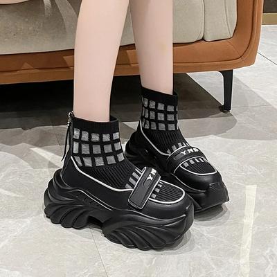 Fashion Knitting High Platform Sneakers Women Autumn Thick Bottom Short Sock Boots Non-slip Motorcycle Chunky Shoes Booties Mujer 8.5CM