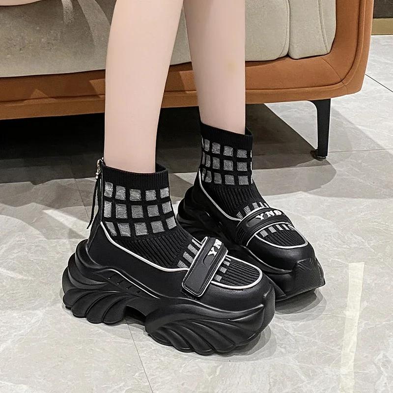 Fashion Knitting High Platform Sneakers Women Autumn Thick Bottom Short Sock Boots Non-slip Motorcycle Chunky Shoes Booties Mujer 8.5CM