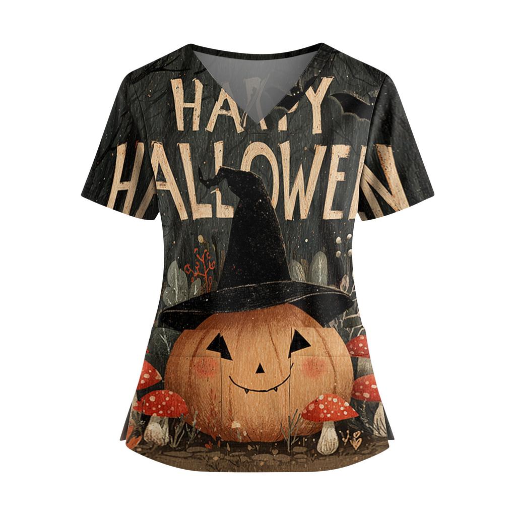 Halloween Print V Neck Short Sleeve Nurse Top with Double Pockets Split Hem Medical Scrub Shirt for Healthcare Workers and Caregivers
