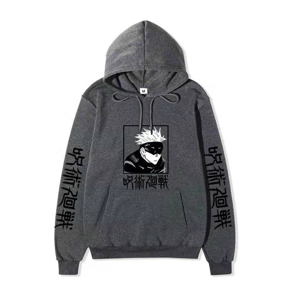 Men Women Fleece Hoodie Gojo Manga Art Two Sleeve Vertical Japanese Characters Casual Anime Hooded Sweatshirt