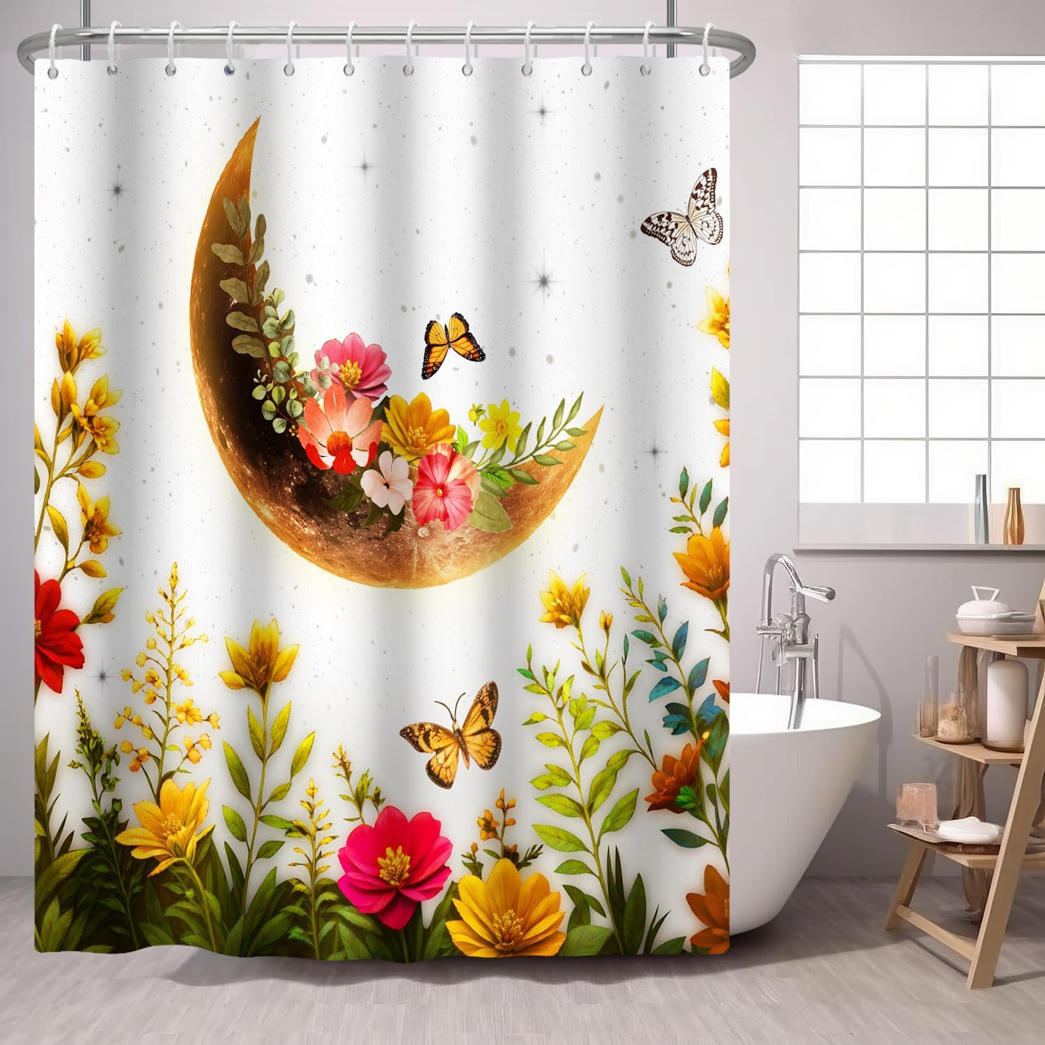 

Moon Shower Curtain Floral Butterfly Flower Mysterious Fabric Shower Curtains Black Starry Night Plant Gothic Botanical Shower W60H190(CM)-1 Pcs