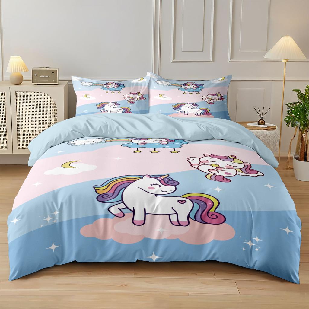 Anime Rainbow Unicorn Beding Set Unicorn Soft with Soft Fabric Duvet Cover Plus Pilowcases Unfiled Single Double Bed Girl Gift
