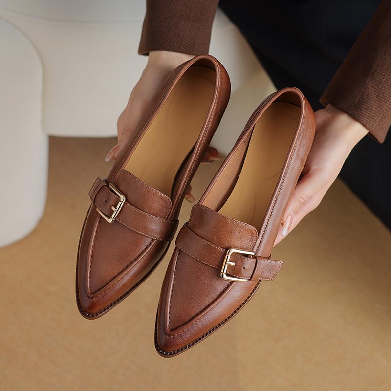 Fashion Vintage Thick Heels Women Pumps Retro Buckle Genuine Leather Mature Pointed Toe Office Lady Working Spring Summer Shoes Woman