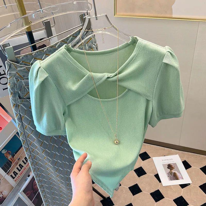 Women's Green Puff Sleeve Short-Sleeve Summer Top