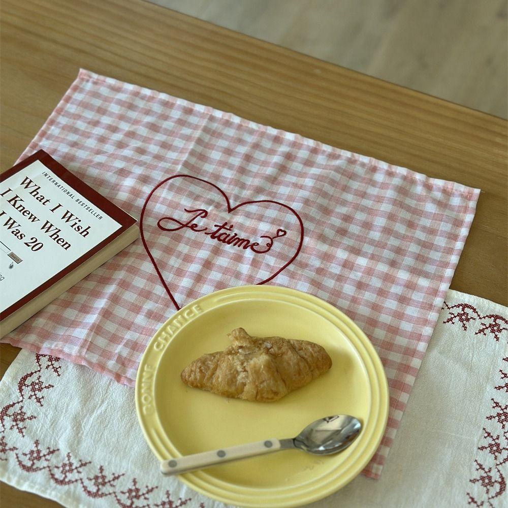 Square Checkered Tablecloth Elegant Table Mat Home Decoration Heart Embroidered Placemats  Kitchen