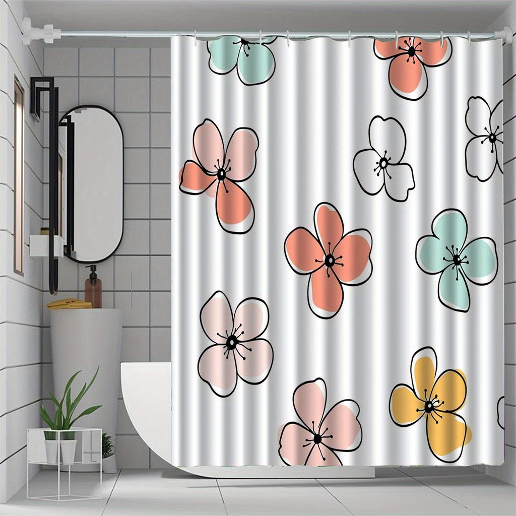 Floral Pattern Shower Curtain - Polyester Woven, Machine Washable, Includes 12 Hooks, All-Season Home Decor, Bathroom Partition