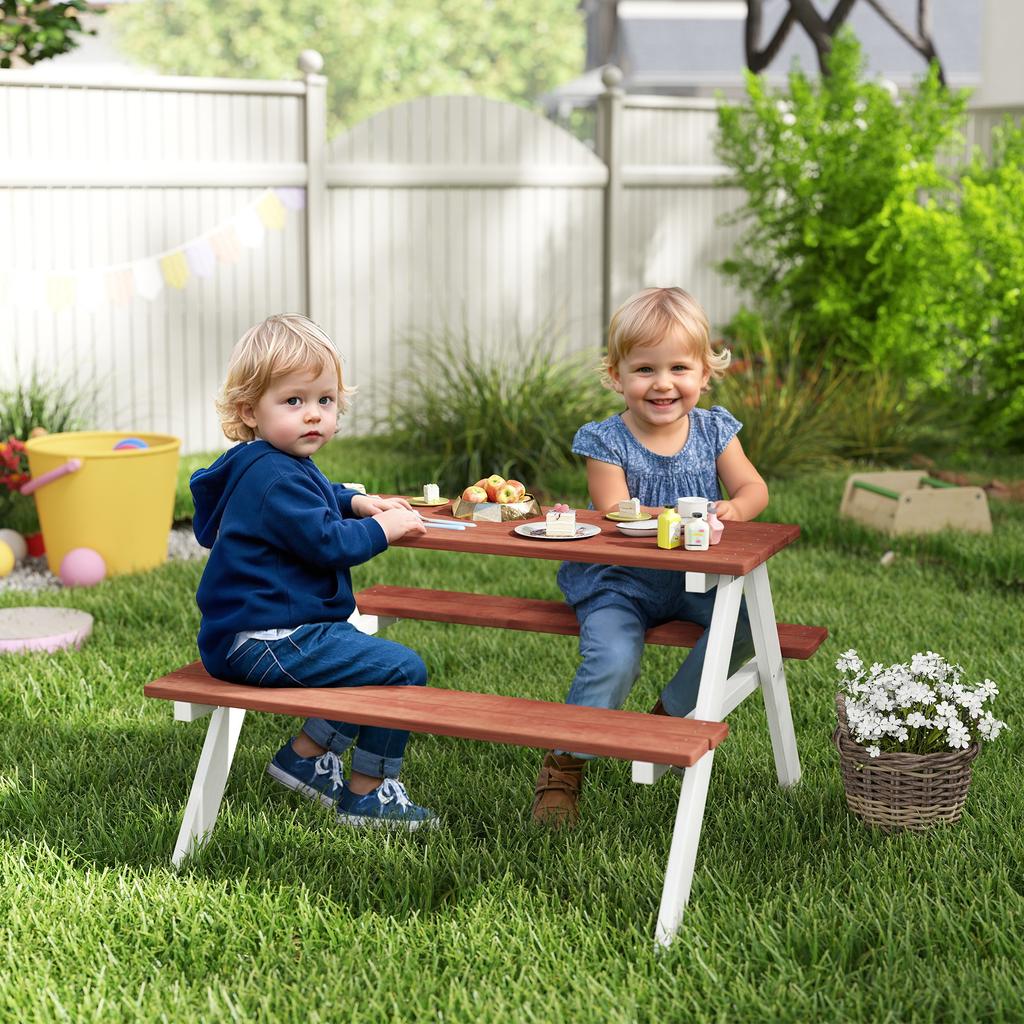 Children's picnic table with solid wood benches, children's table for the garden, 89 x 79 x 50 cm, brown and white