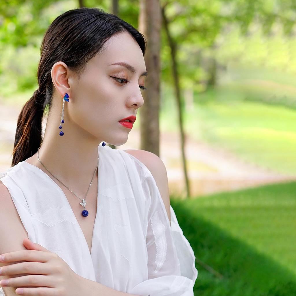 Oryginalne Srebro Próby 925 Emalia Artystyczna Styl Vintage Kolczyki Motyle z Chwostami z Kamienia Lapis Lazuli Kolczyki Sztyfty Ręcznie Robione