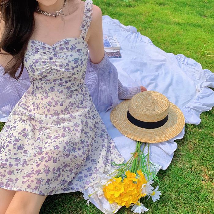 

Лето 2025 г. Платье с французским цветочным принтом на подтяжках - Милая женская короткая юбка-жилет S