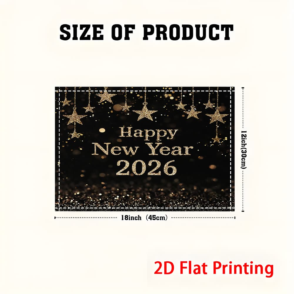 1/2/4/6/8pcs 2D Flat Placemats, Happy New Year 2026, Sparkling Golden Stars And Confetti, Suitable for Restaurants And Kitchens, Coffee Table