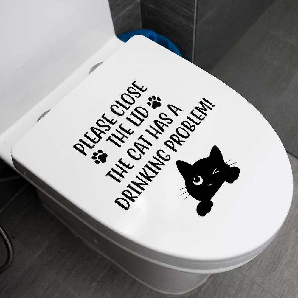 Schwarze Englische Zitate Katze Wandaufkleber Wasserdicht Abnehmbar Selbstklebend Toilettenaufkleber für Badezimmer Heimdekoration