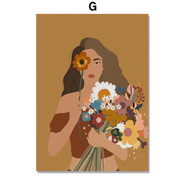 Solid Wood Frame Fashion Girl With Flower Woman Minimalist Wall Art Canvas Painting Nordic Home Decoration Posters And Prints Living Room Decor