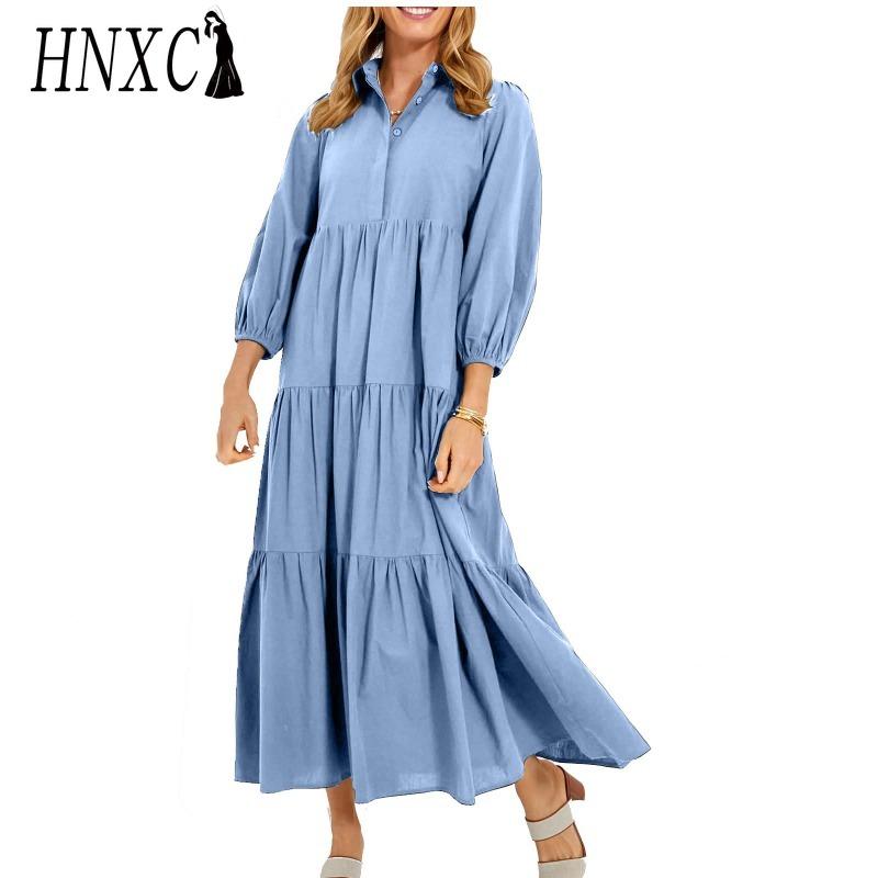 

HNXC Женская мода весна осень сплошной цвет печати с длинным рукавом ПОЛО шеи Высокая талия повседневные платья XXXL светло-синий