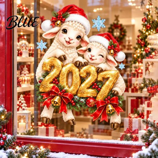 Glass Surface Decorations Sheep Santa Hat 2027 Sticker Christmas New Year Static Window Decal Removable Seasonal Home Decor of The Sticker